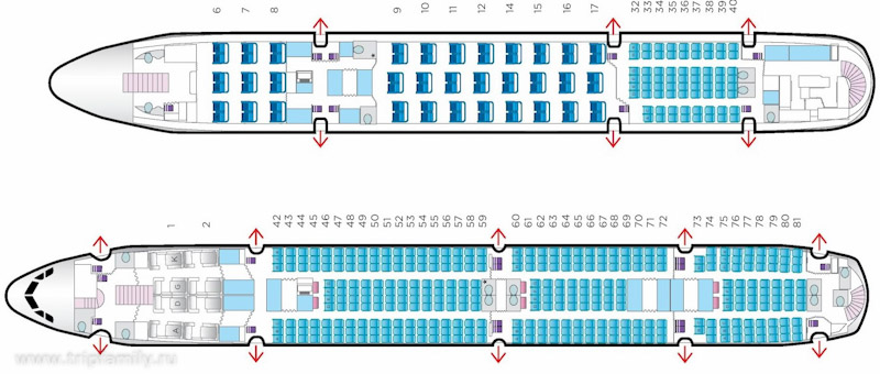 Обязательно правильно выбирайте места в самолете с ребенком. На фото схема двухэтажного Airbus A380.
